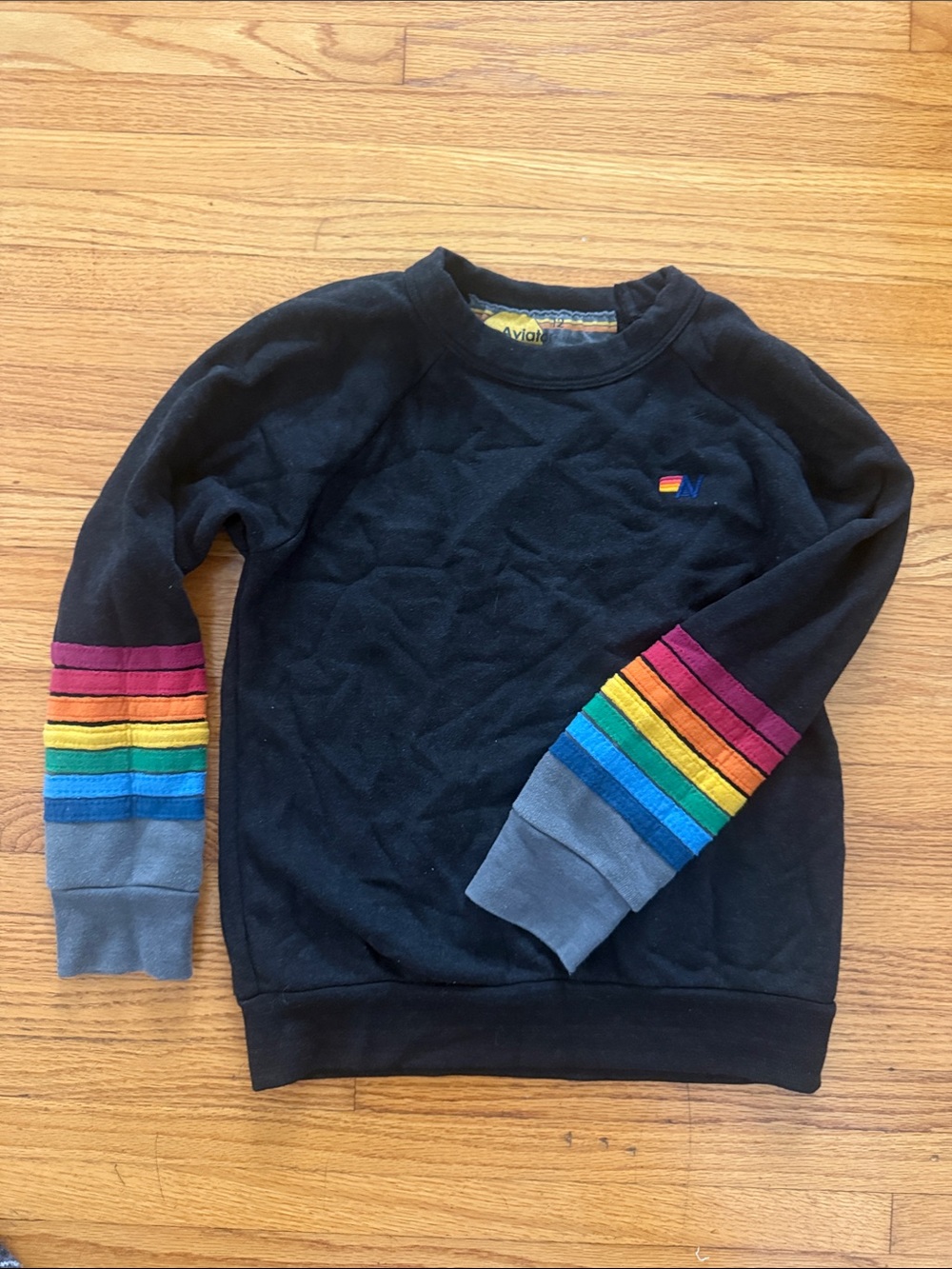 Aviator Nation Kids Crew Black Sweater with Rainbow Stripe Sleeves